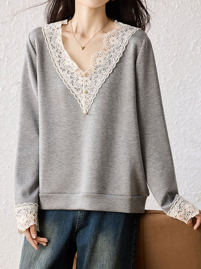 Brooke Loose V-Neck Lace Sweatshirt