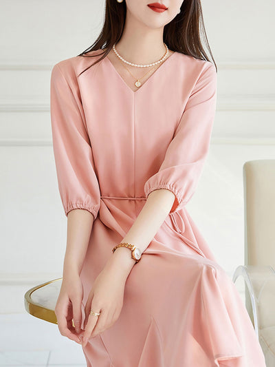 Emma Elegant V-Neck Solid Color Dress