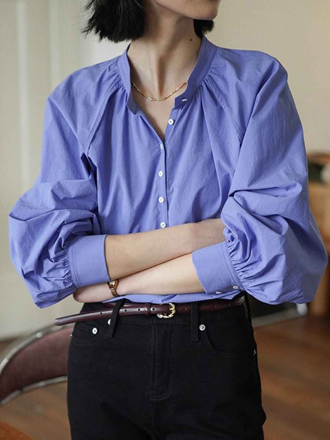 Natalie Retro Stand-up Collar Puff Sleeve Shirt