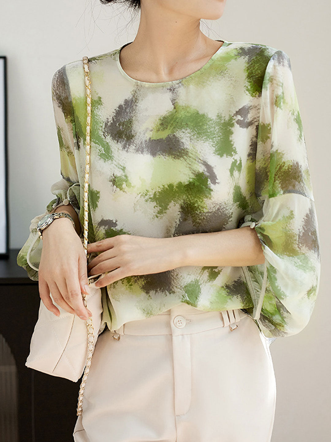 Natalie Casual Crew Neck Printed Top-Green