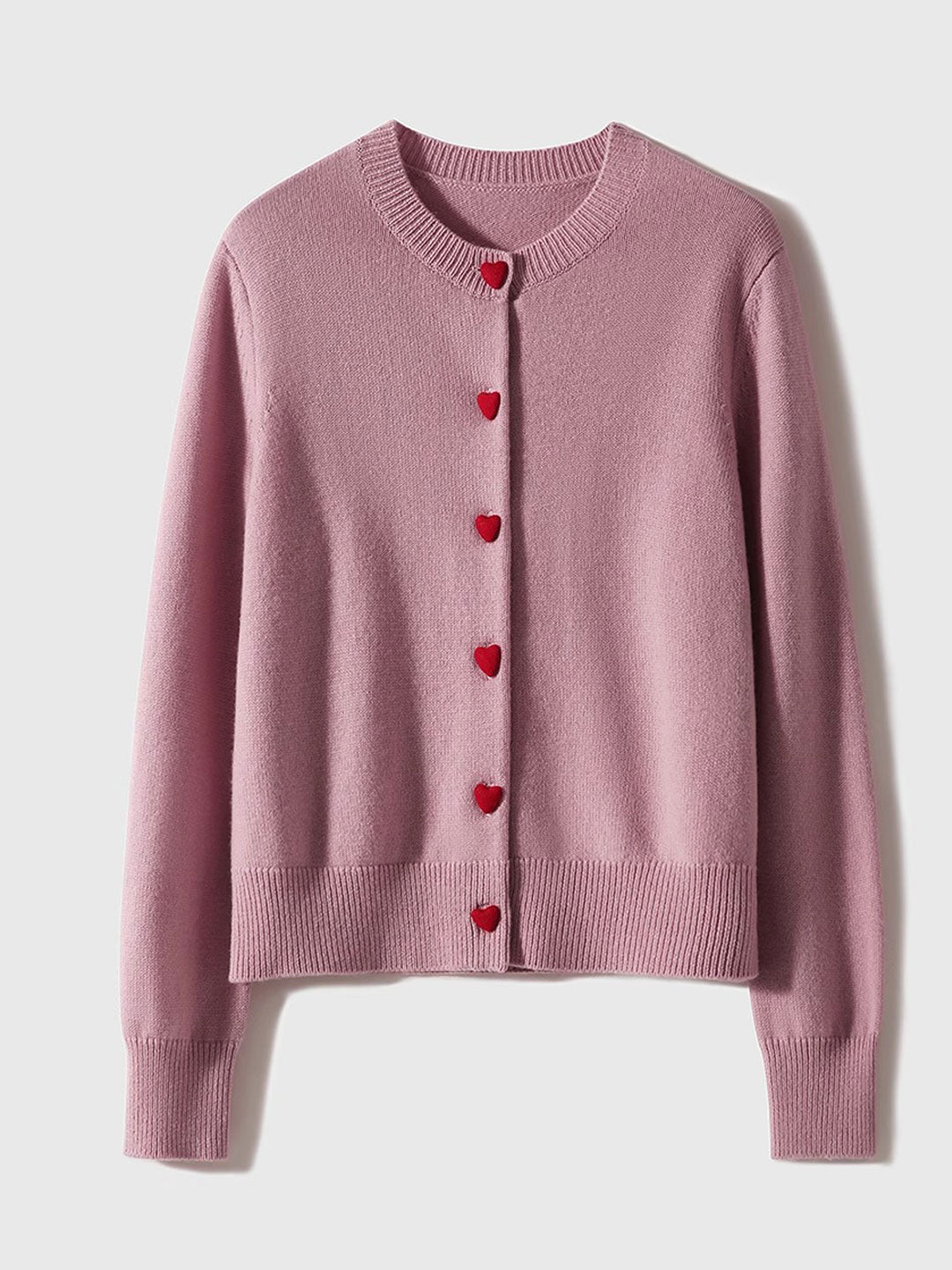 Raya Elegant Crew Neck Heart Button Knitted Cardigan-Pink