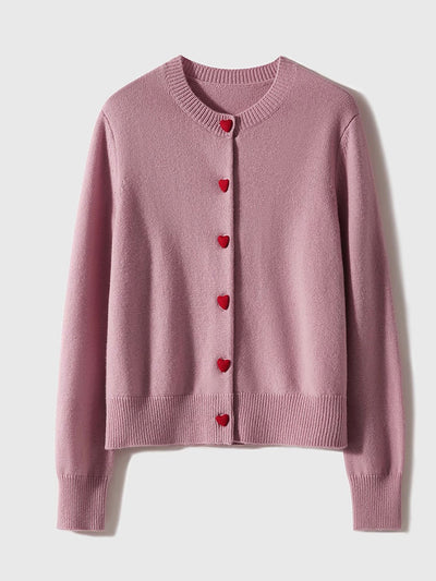 Raya Elegant Crew Neck Heart Button Knitted Cardigan-Pink