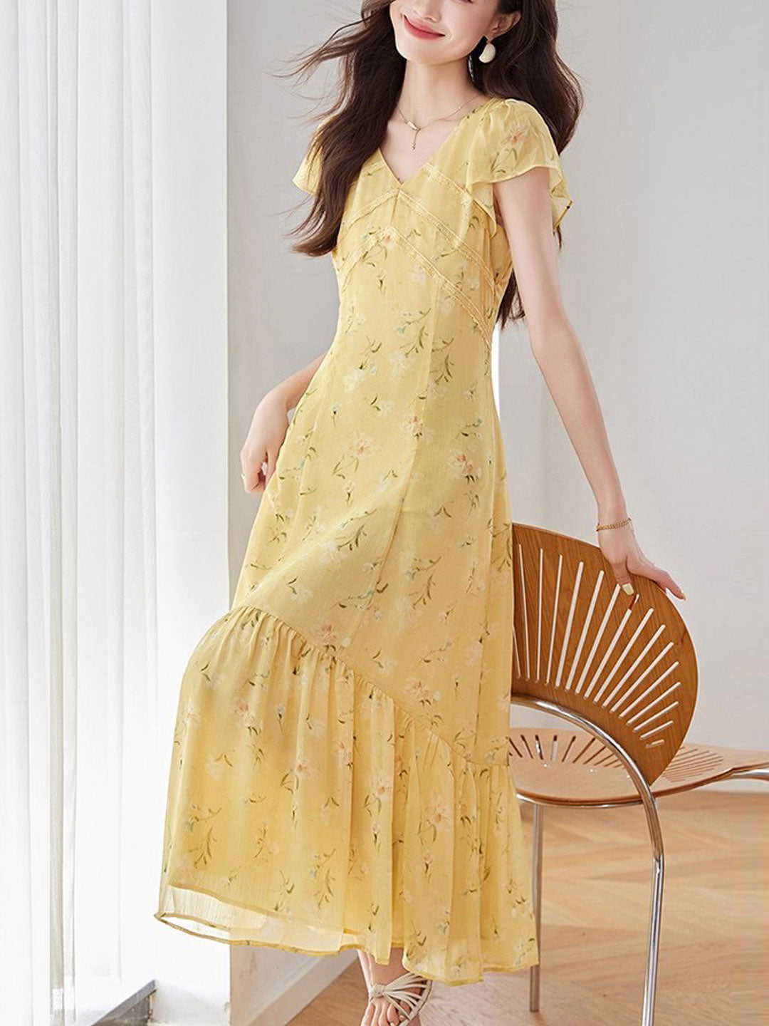 Rachel Vacation V-neck Chiffon Floral Dress