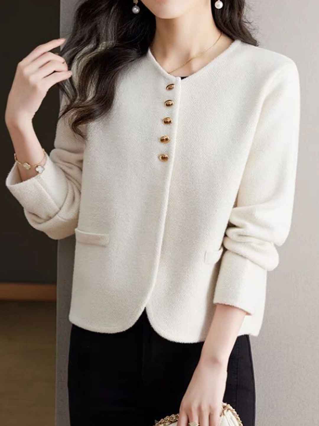 Maya Classic Crew Neck Solid Color Tweed Knitted Coat