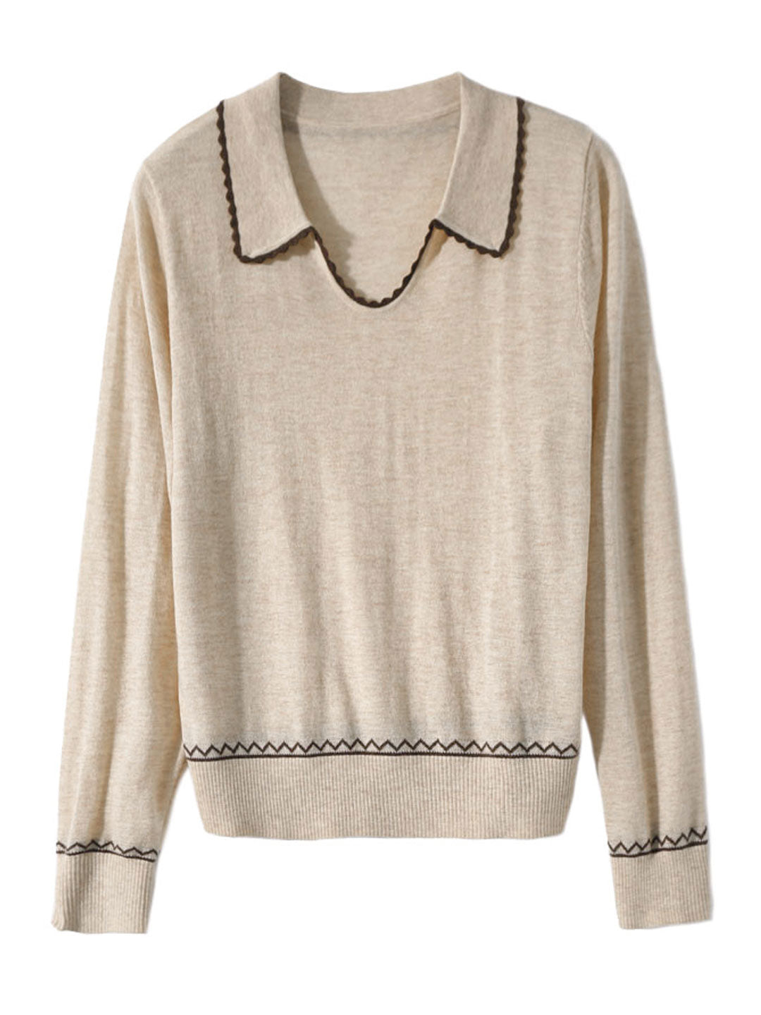 Taylor Classic Contrast Lapel Knitted Sweater-Beige