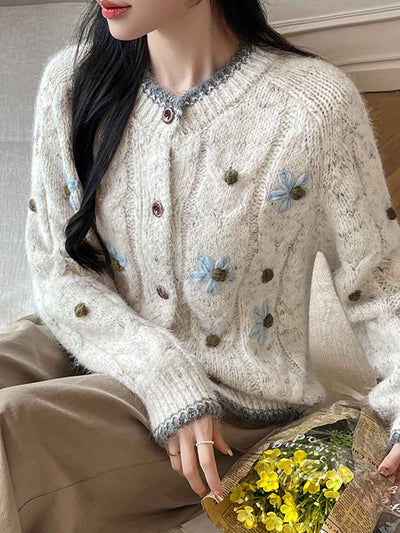 Sarah Classic Crew Neck Floral Crochet Knitted Sweater