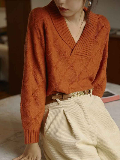 Ava Retro V-Neck Lapel Diamond Pullover Knitted Sweater