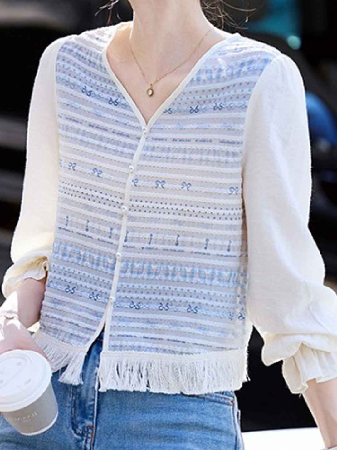 Mariah Loose V-Neck Hollowed Embroidered Chiffon Top