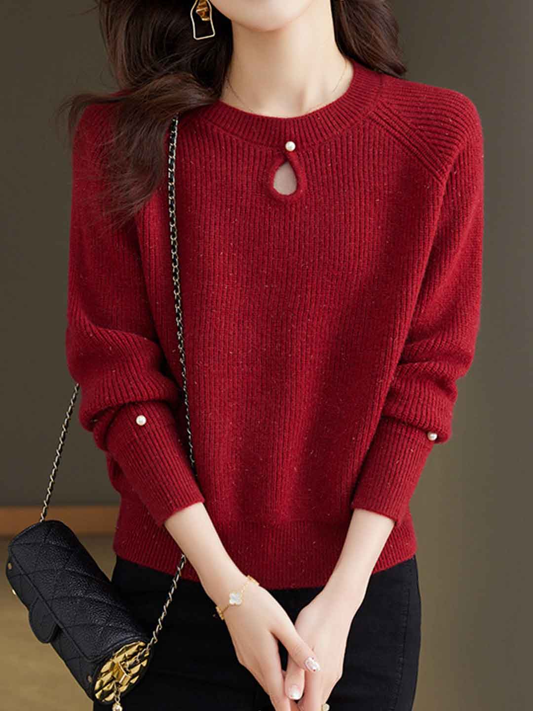Sophie Classic Crew Neck Hollowed Solid Color Knitted Sweater