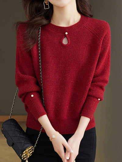 Sophie Classic Crew Neck Hollowed Solid Color Knitted Sweater