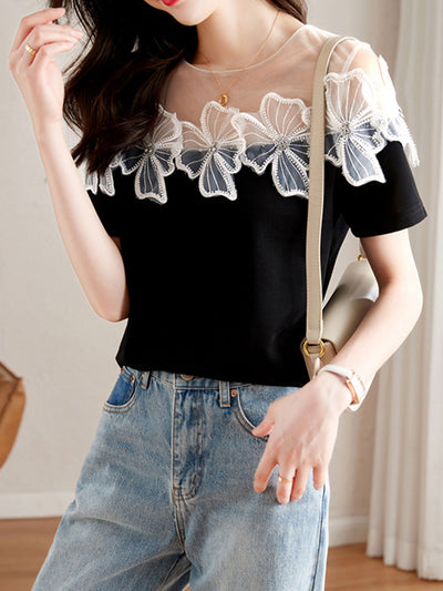 Kayla Retro Stitching Flower Chiffon Top