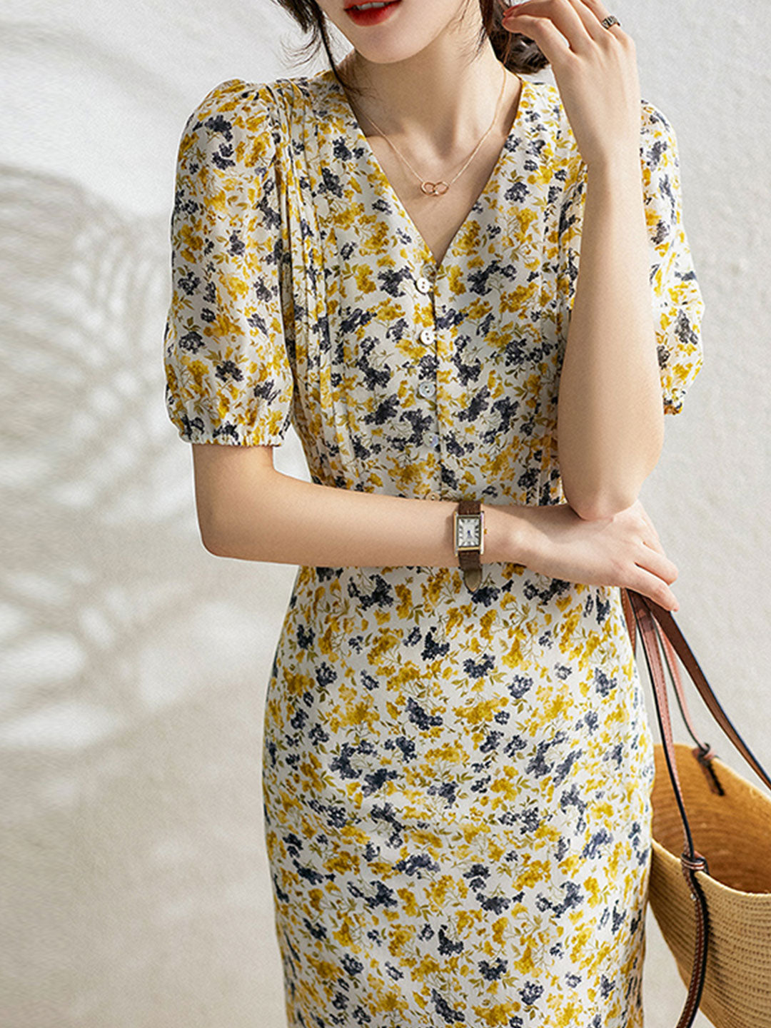 Kayla Retro Floral Puff Sleeve Dress