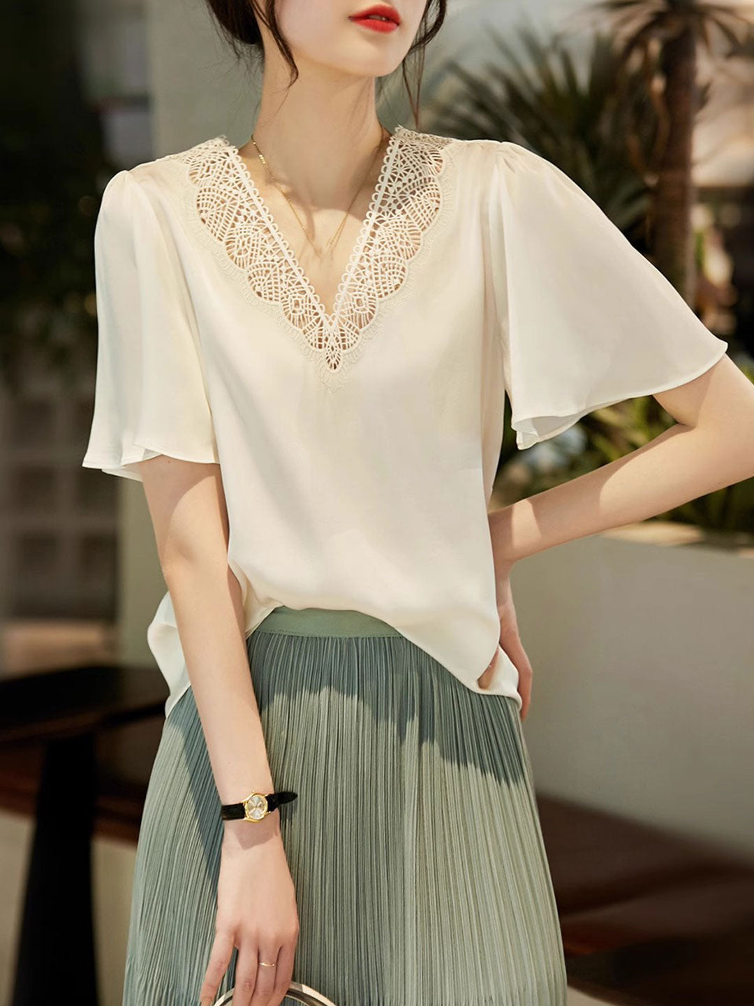 Taylor Elegant V-Neck Hollow Embroidered Chiffon Top