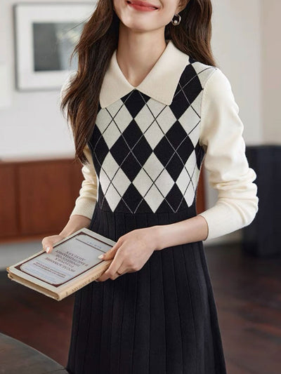 Jocelyn Elegant Diamond Patchwork Knitted Dress