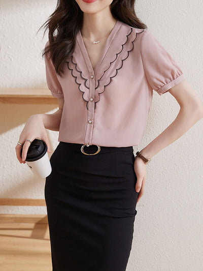 Natalie Classic V-neck Chiffon Top-Puprle