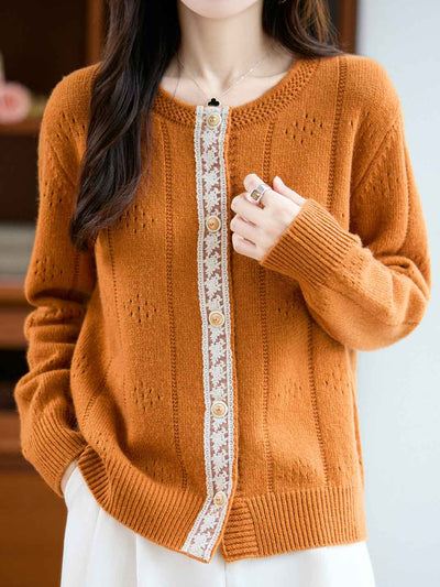 Julia Loose Crew Neck Solid Color Lace Knitted Cardigan-Orange