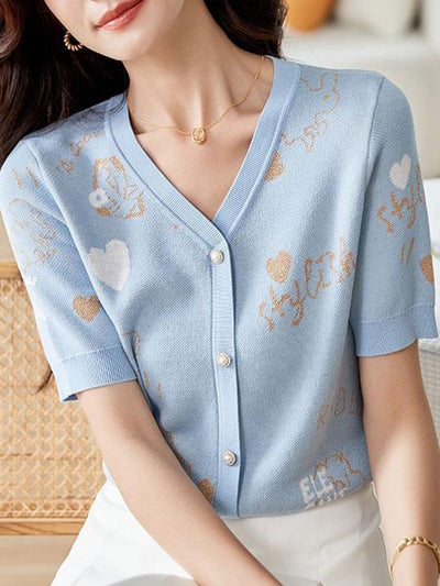 Ashley Classic Puff Sleeve Jacquard Knitted Top-Blue