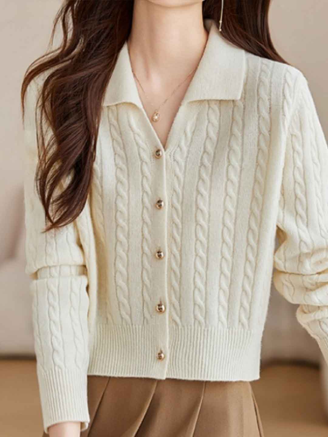 Maria Vintage Lapel Cable Knitted Sweater