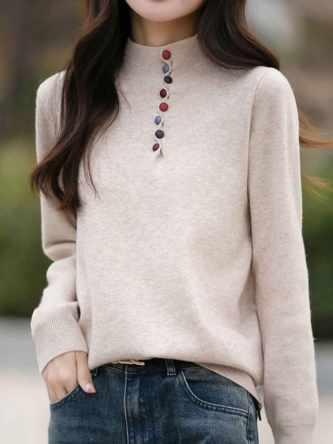 Gianna Loose Turtleneck Colorful Buttoned Knitted Top