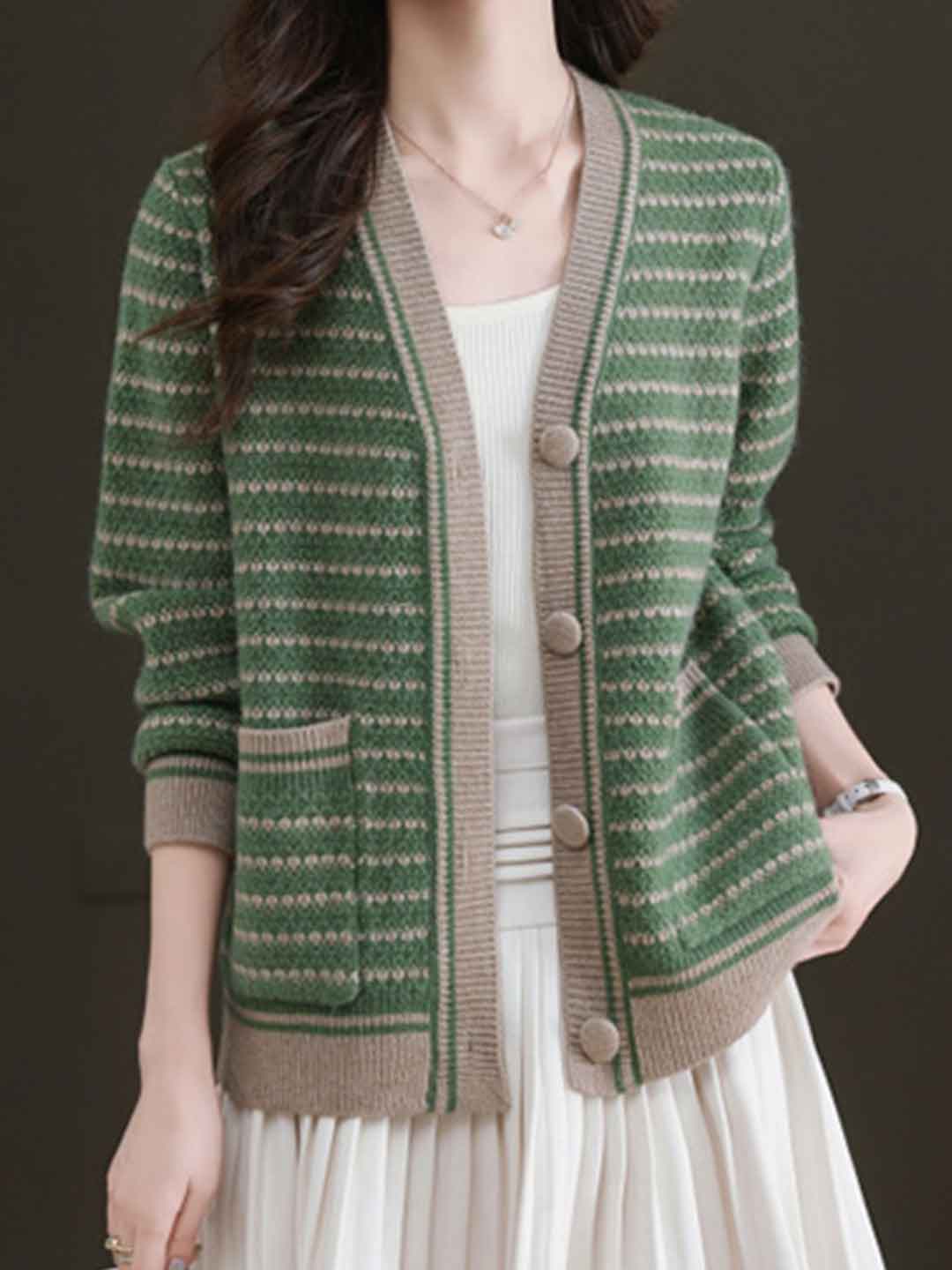 Aaliyah Casual Crew Neck Striped Knitted Cardigan