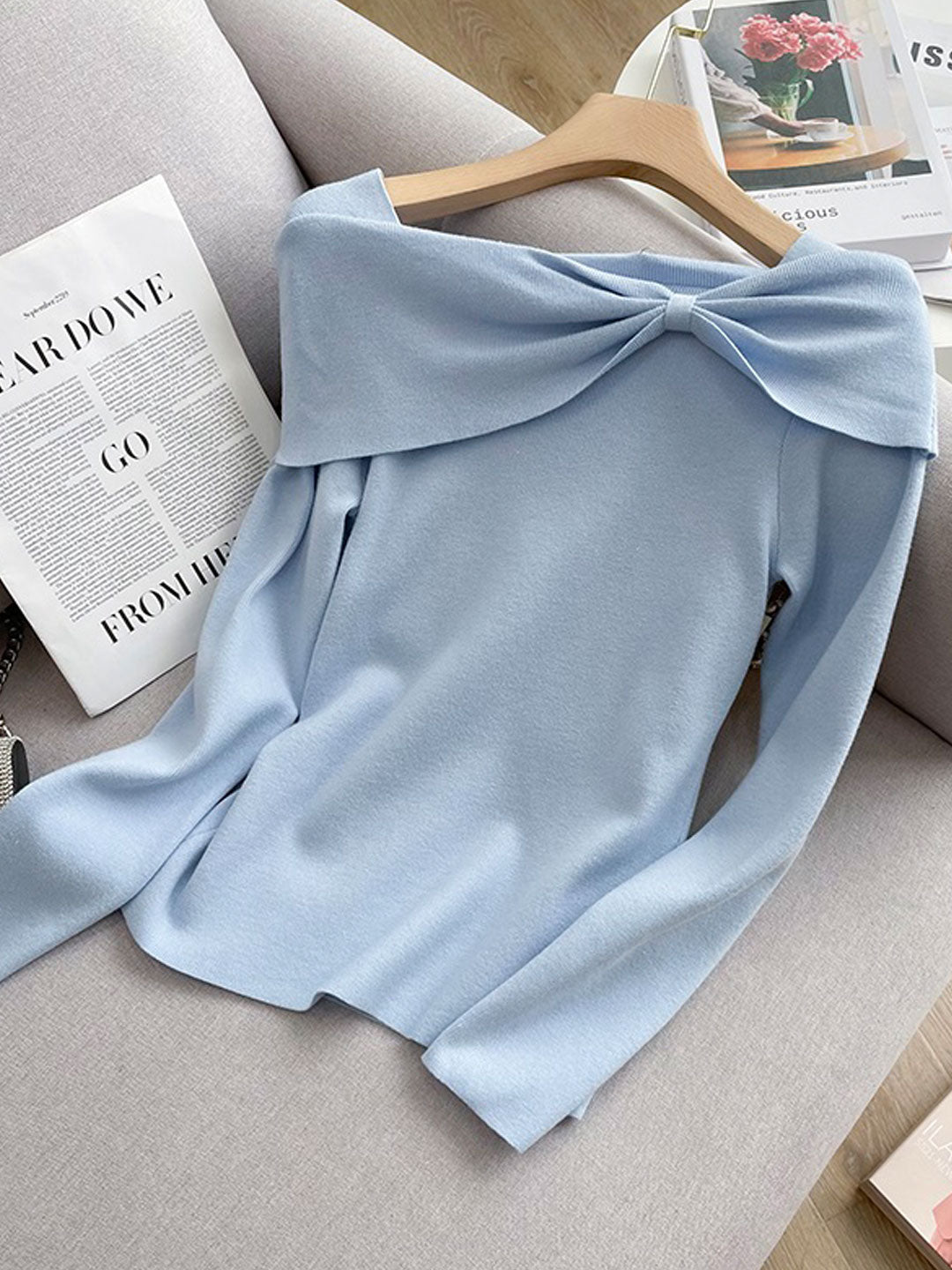 Brianna Off-Neck Bow Knitted Sweater-Blue