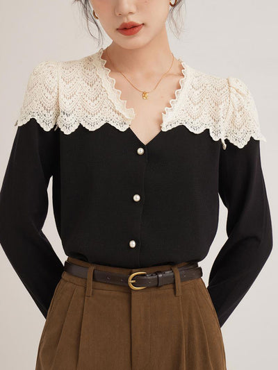 Destiny Vintage V-Neck Hollowed Lace Knitted Top