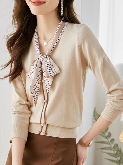 Alyssa Retro Scarf Collar Bow Tie Knitted Sweater-Gray