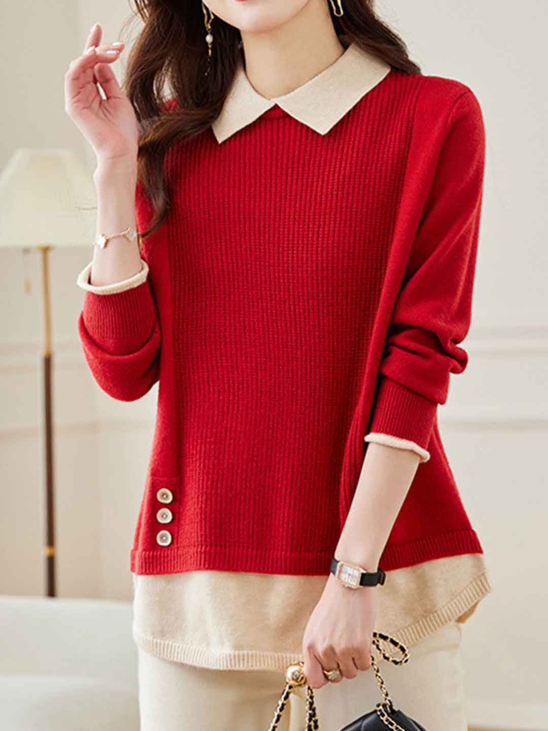 Nevaeh Loose Lapel Mock Two-Piece Knitted Top