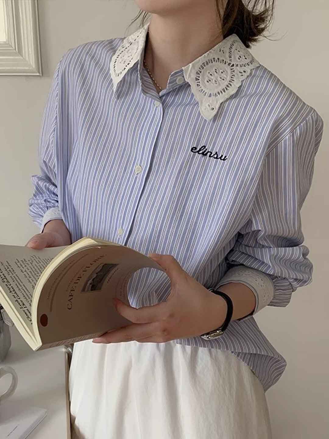 Camila Loose Striped Print Embroidered Shirt