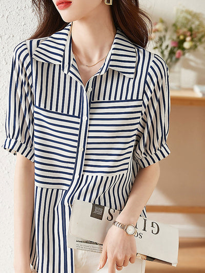 Sophia Casual Blue and White Striped Chiffon Shirt