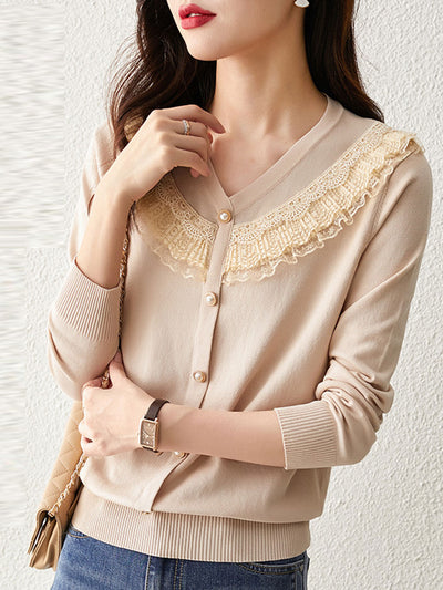 Jessica Retro V-neck Lace Knitted Sweater