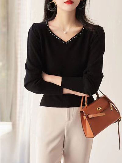 Chloe Elegant V-neck Knitted Sweater-Red