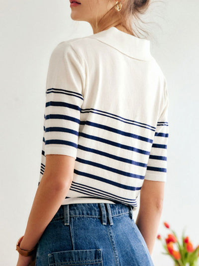 Olivia Retro Lapel Horizontal Stripe Knitted Sweater-Blue