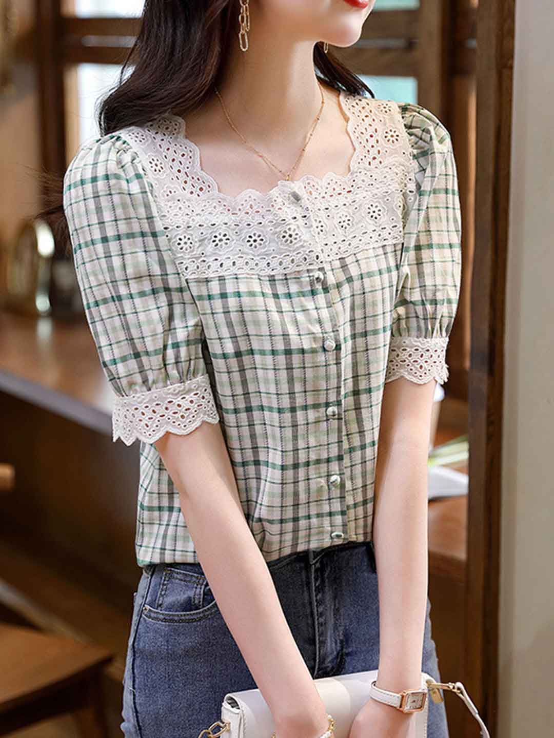 Kayla Retro Plaid Panel Top