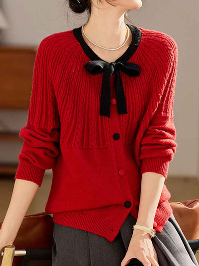 Abigail Loose Crew Neck Color-Blocked Bow Knitted Cardigan