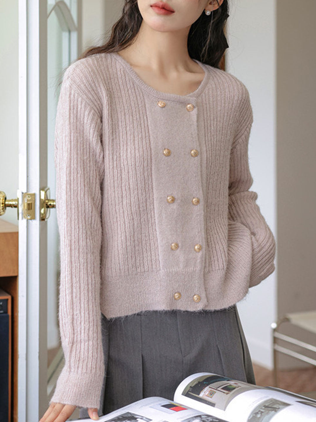 Emily Loose Crew Neck Double-Breasted Knitted Cardigan