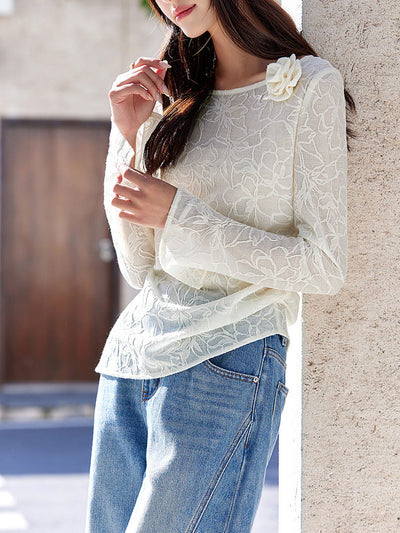 Arianna Casual Crew Neck Asymmetrical Jacquard Top