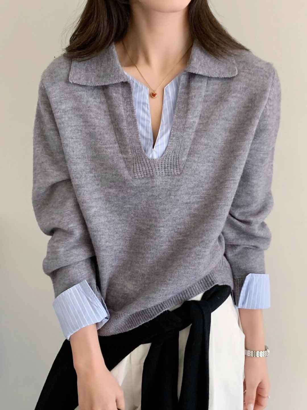 Grace Slim Lapel Striped Two-Piece Knitted Top