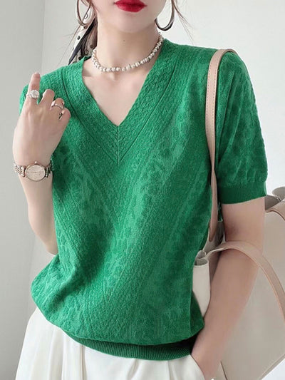 Mia Classic V-neck Knitted Sweater-Green