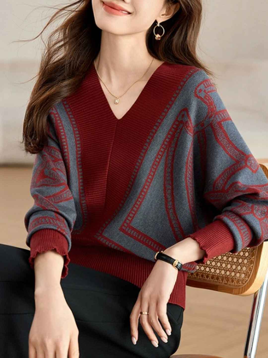 Kaitlyn Loose V-Neck Bat Sleeve Knitted Top