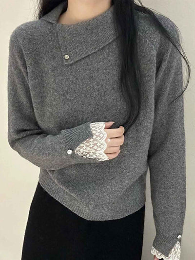 Jocelyn Classic Lapel Solid Color Knitted Lace Sweater