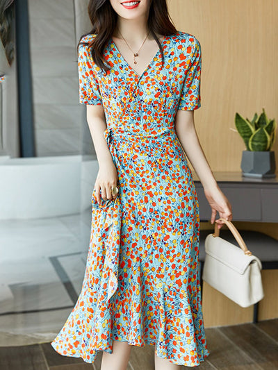 Ava Retro Irregular Floral Chiffon Dress