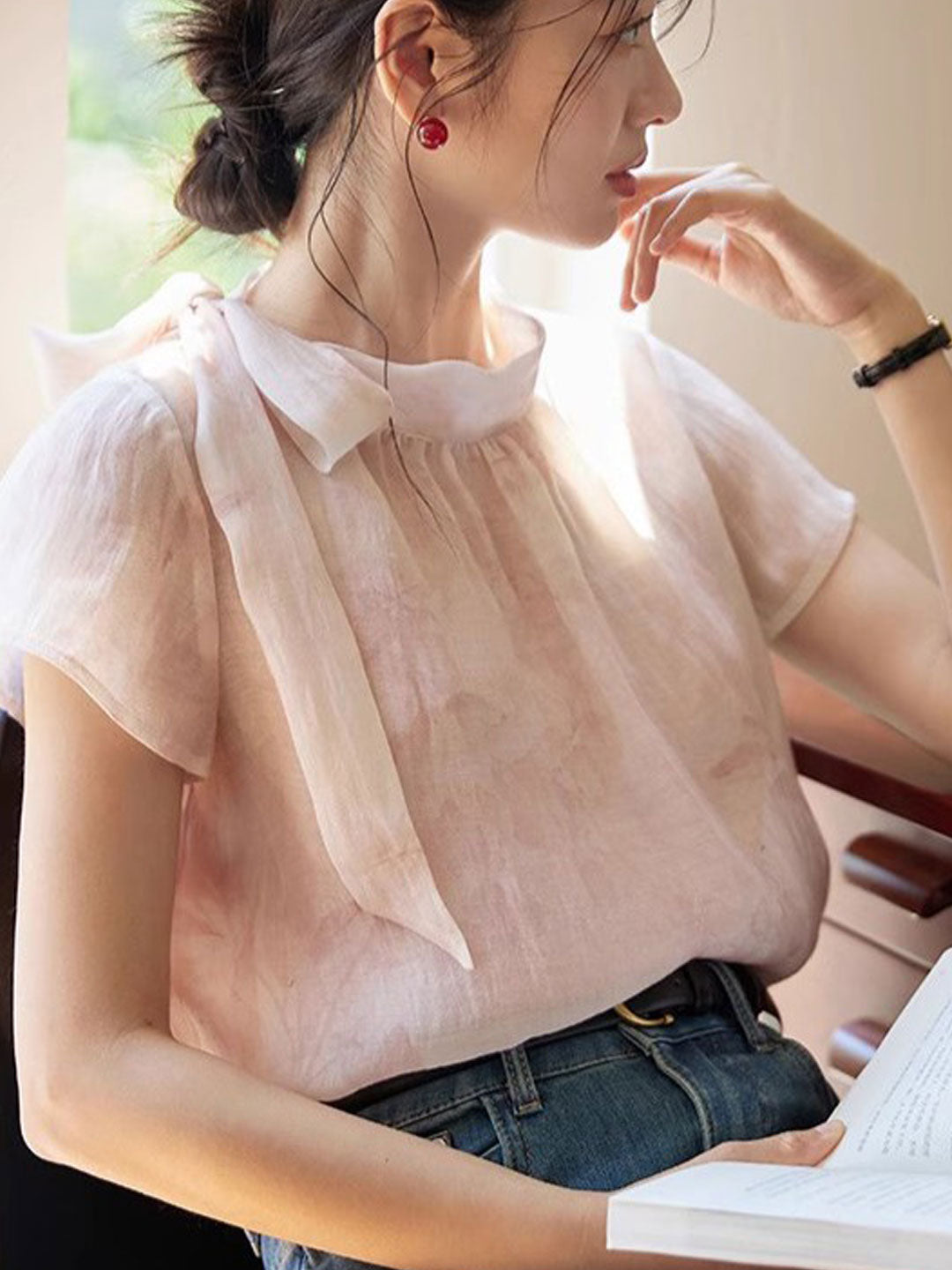 Caroline Elegant Crew Neck Tie Blouse