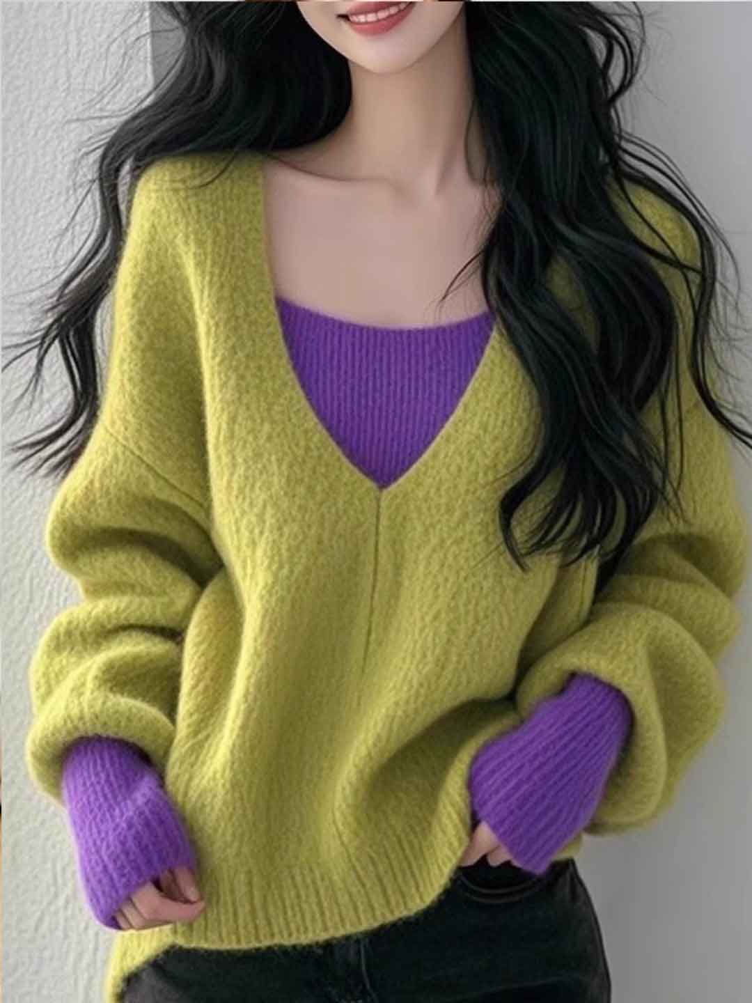 Emily Daily V-Neck Patchwork Mock Two-Piece Knitted Top