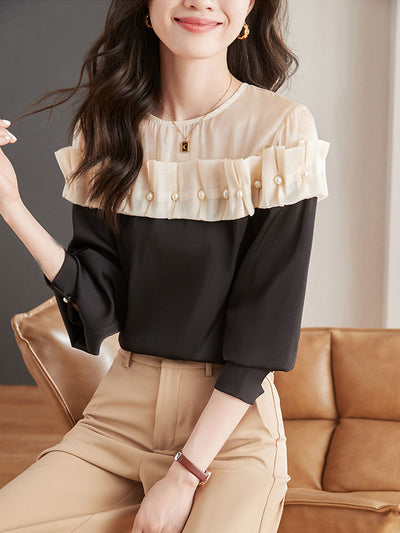 Lauren Elegant Contrasted Patchwork Chiffon Blouse