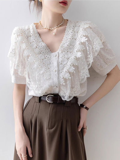 Kaylee Vintage V-Neck Solid Color Lace Blouse
