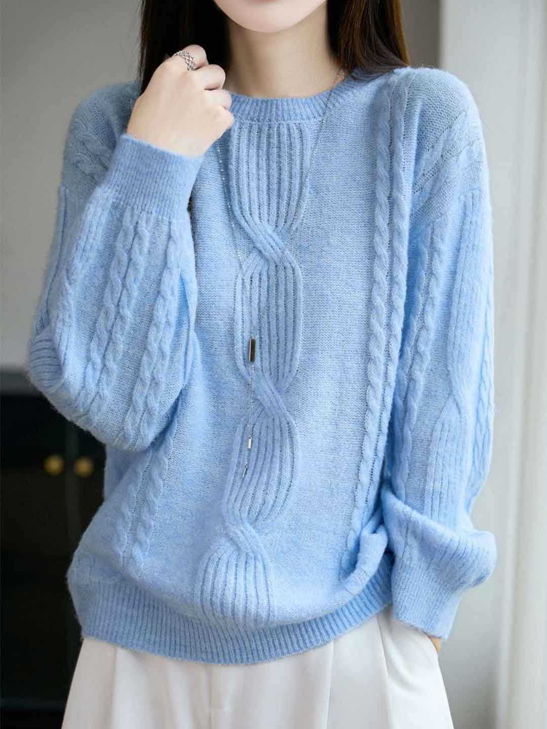 Ariana Casual Crew Neck Cable Knitted Pullover Sweater-Blue