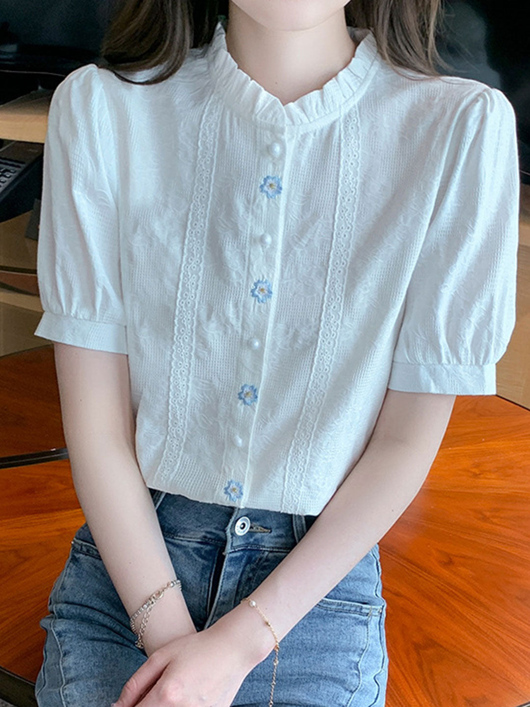 Lauren Retro Embroidered Jacquard Shirt-White