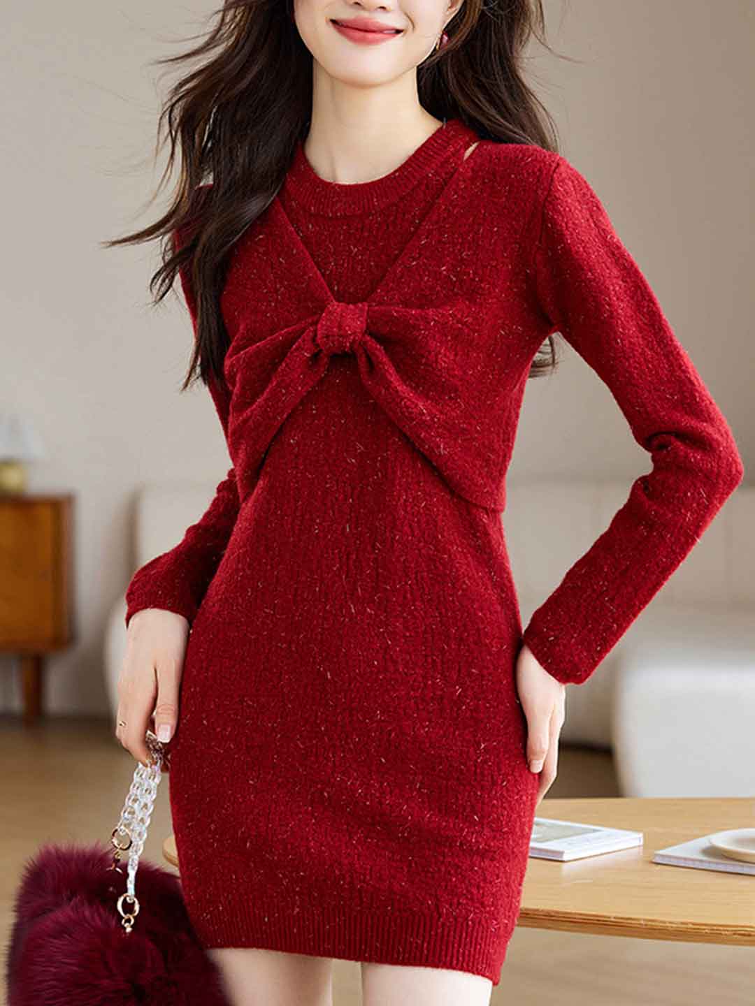 Ava Classic Crew Neck Bow Knitted Sweater Dress