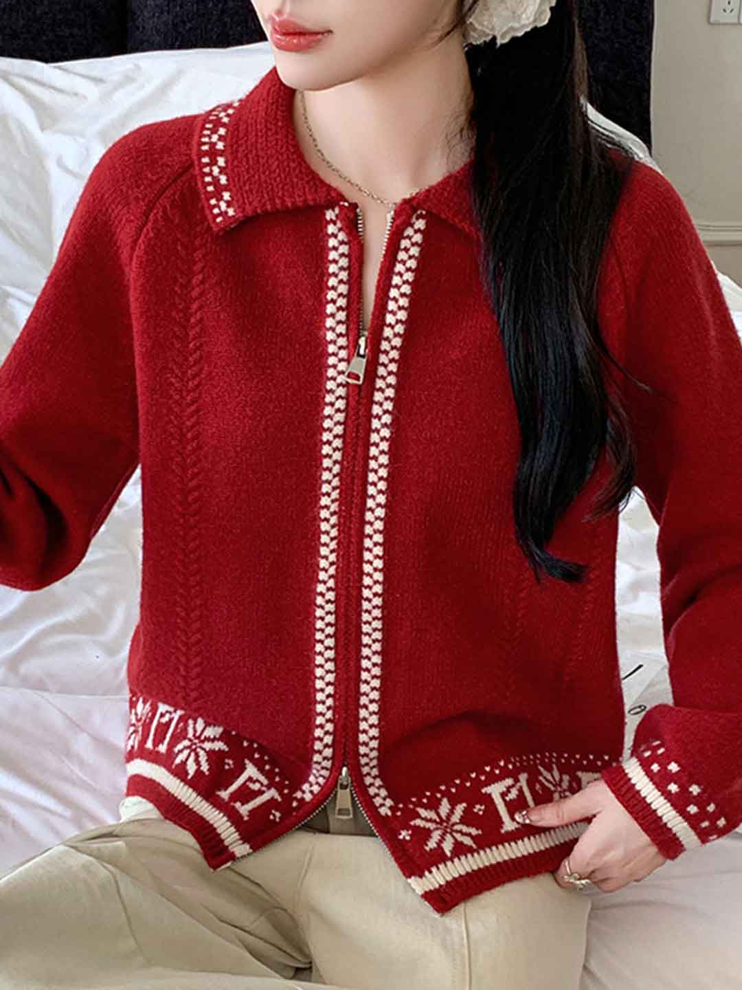 Ava Casual Lapel Jacquard Color-Block Knitted Cardigan